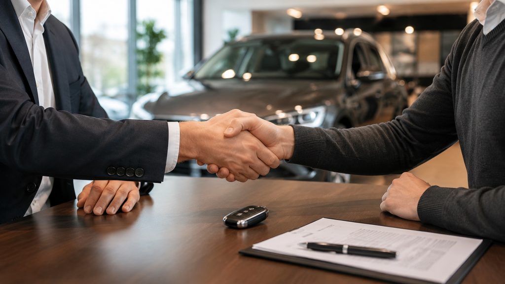 Predajca a zákazník si podávajú ruku nad kľúčmi od auta pri výkupe vozidla v autosalóne Auto Gabriel v Košiciach.