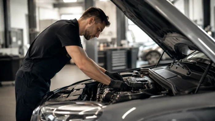 Mechanik pri výmene oleja vo vozidle v autorizovanom servise v Košiciach