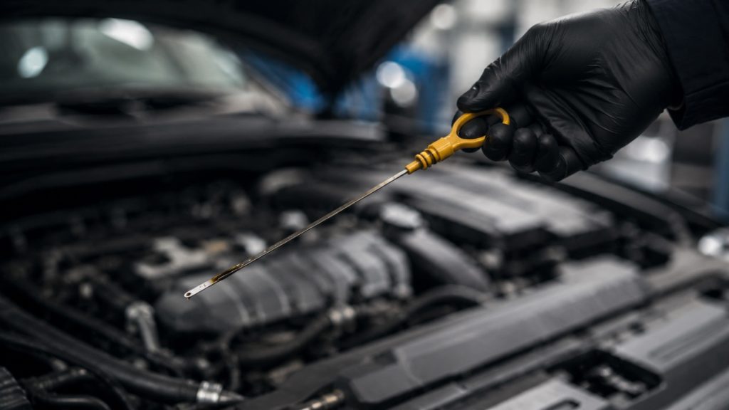 Kontrola hladiny motorového oleja meradlom v autorizovanom servise VW, Audi a Škoda.