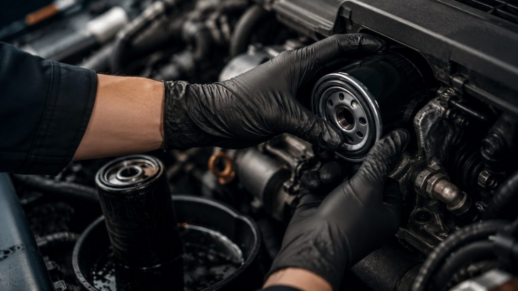Výmena olejového filtra počas servisnej výmeny motorového oleja vo vozidle.