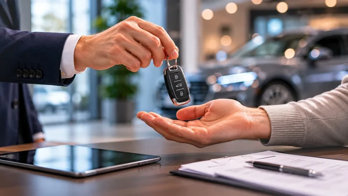 Odovzdanie kľúča od nového vozidla pri vybavovaní operatívneho leasingu v autosalóne Auto Gabriel.