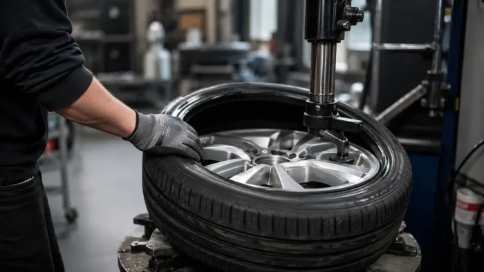 Prezúvanie pneumatík a montáž na zliatinový disk na prezúvacom stroji v autoservise v Košiciach.