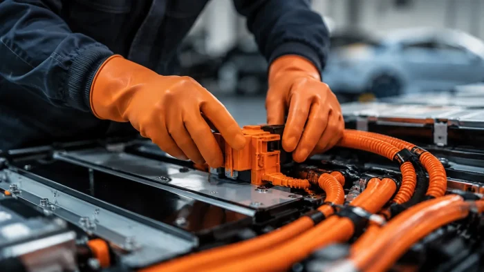 Servis elektromobilu – technik v izolovaných rukaviciach pri oranžových vysokonapäťových kábloch a batérii.