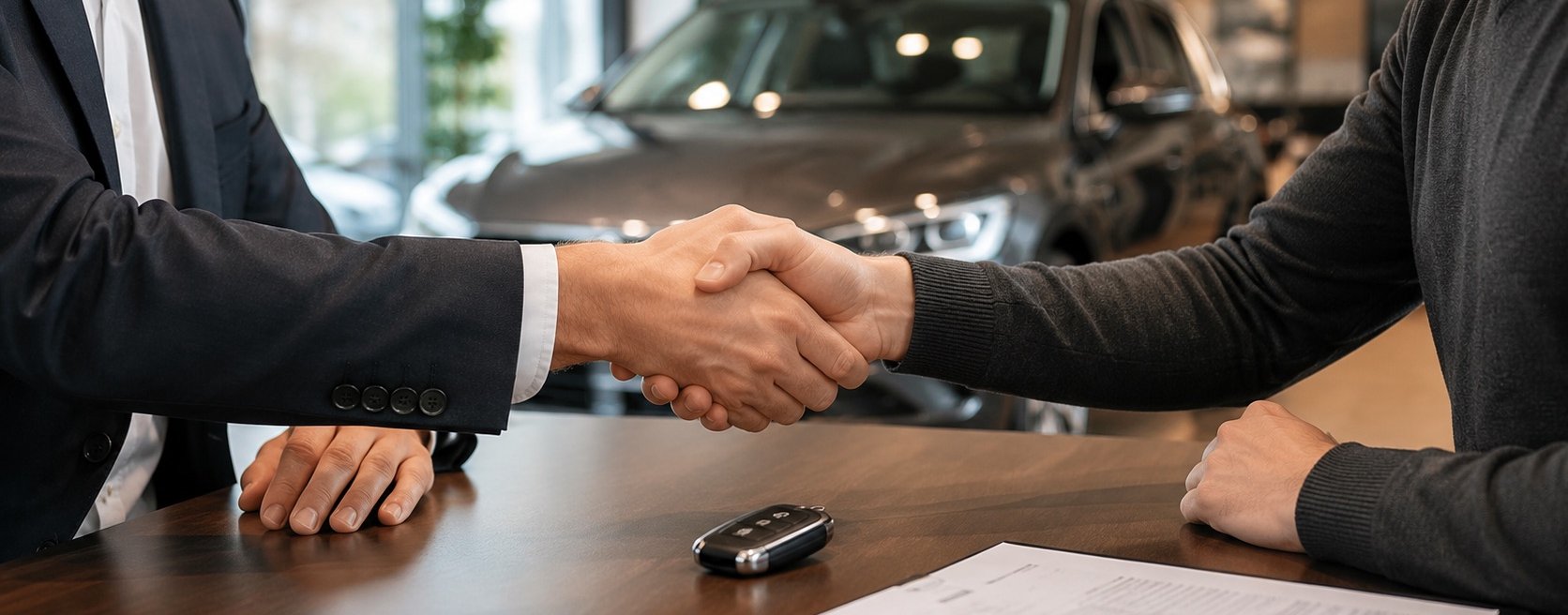 Predajca a zákazník si podávajú ruku nad kľúčmi od auta pri výkupe vozidla v autosalóne Auto Gábriel v Košiciach.