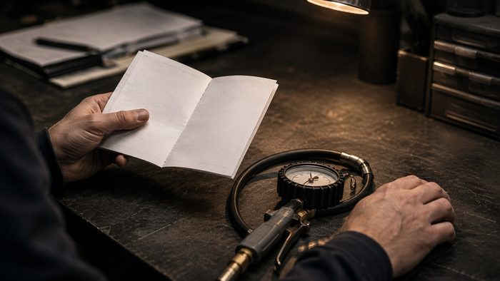 Ruky s dokladmi vozidla a tlakomerom na pracovnom stole