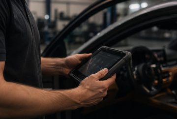 Technik s diagnostickým tabletom pri otvorených dverách vodiča.