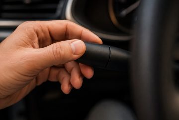 Ruka vodiča na ovládacej páčke svetiel pri volante.