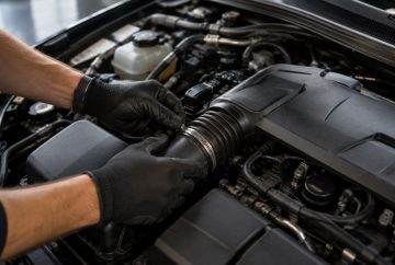 Ruky v rukaviciach kontrolujú sanie v motorovom priestore.