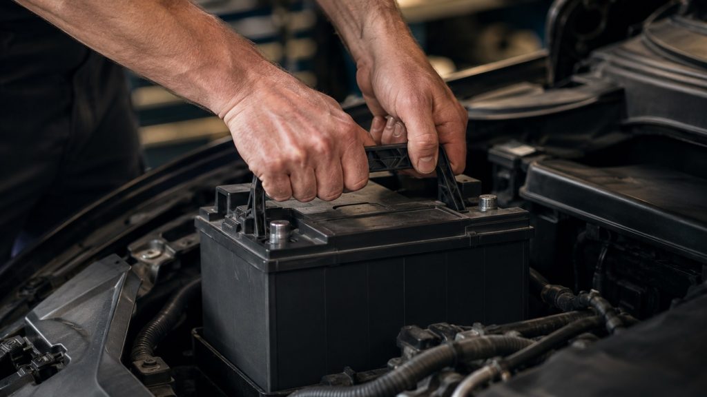 Ruky technika vyberajú autobatériu z uloženia v motorovom priestore. Dopĺňa záverečnú sekciu o teste batérie a alternátora v servise.