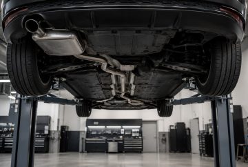 Auto na dvojstĺpovom zdviháku pohľadom zospodu na výfukové potrubie